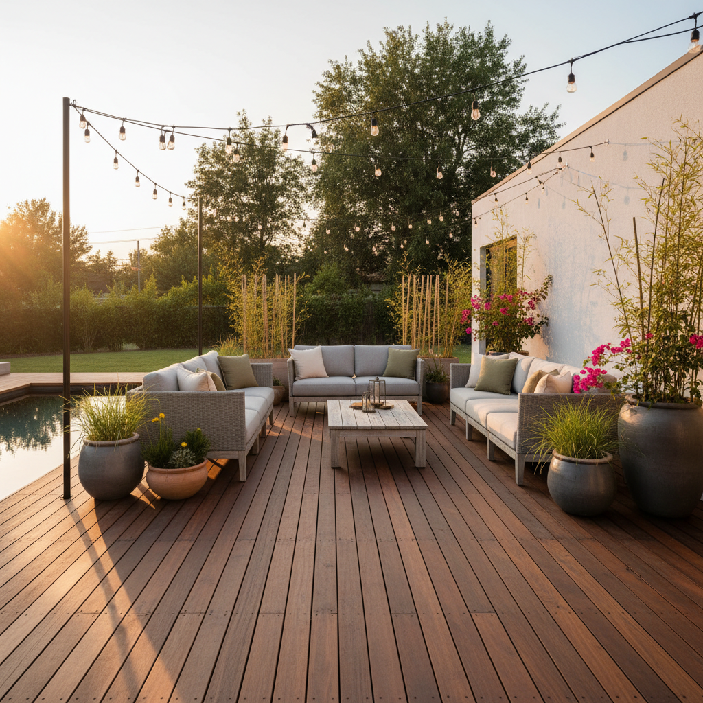A modern outdoor patio features comfortable wicker sofas arranged around a wooden coffee table on a spacious deck next to a swimming pool at sunset.